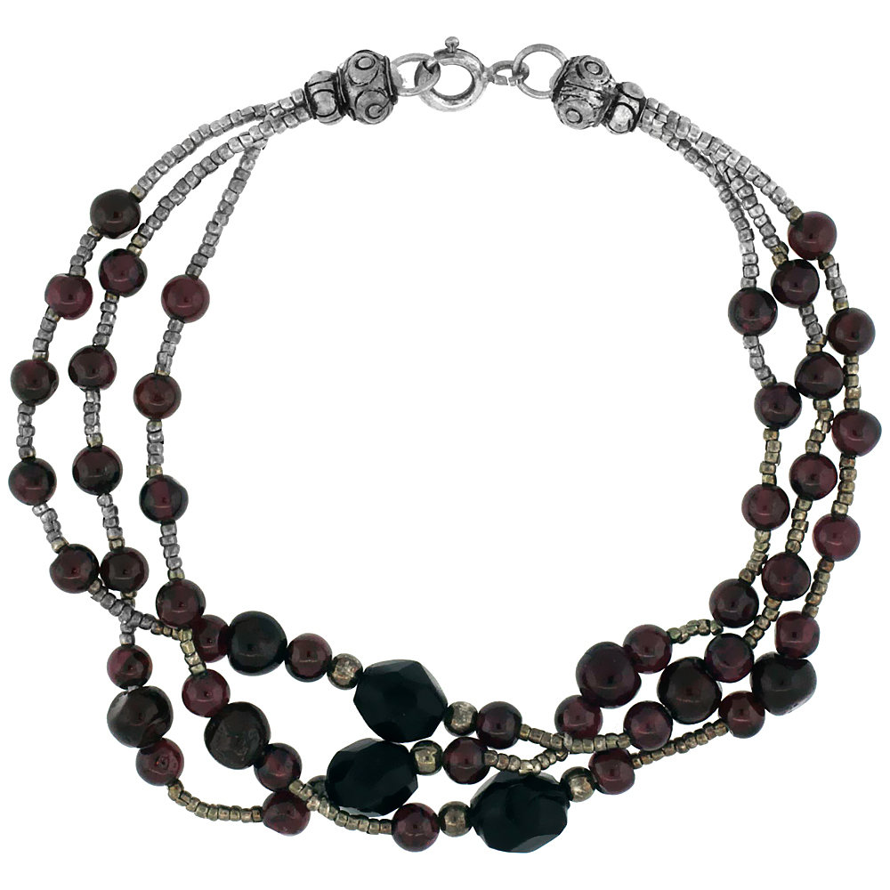 Sabrina Silver 7 1/2 in. Sterling Silver 3-Strand Bead Bracelet w/ Garnet Beads & Black Onyx Stones at Sears.com