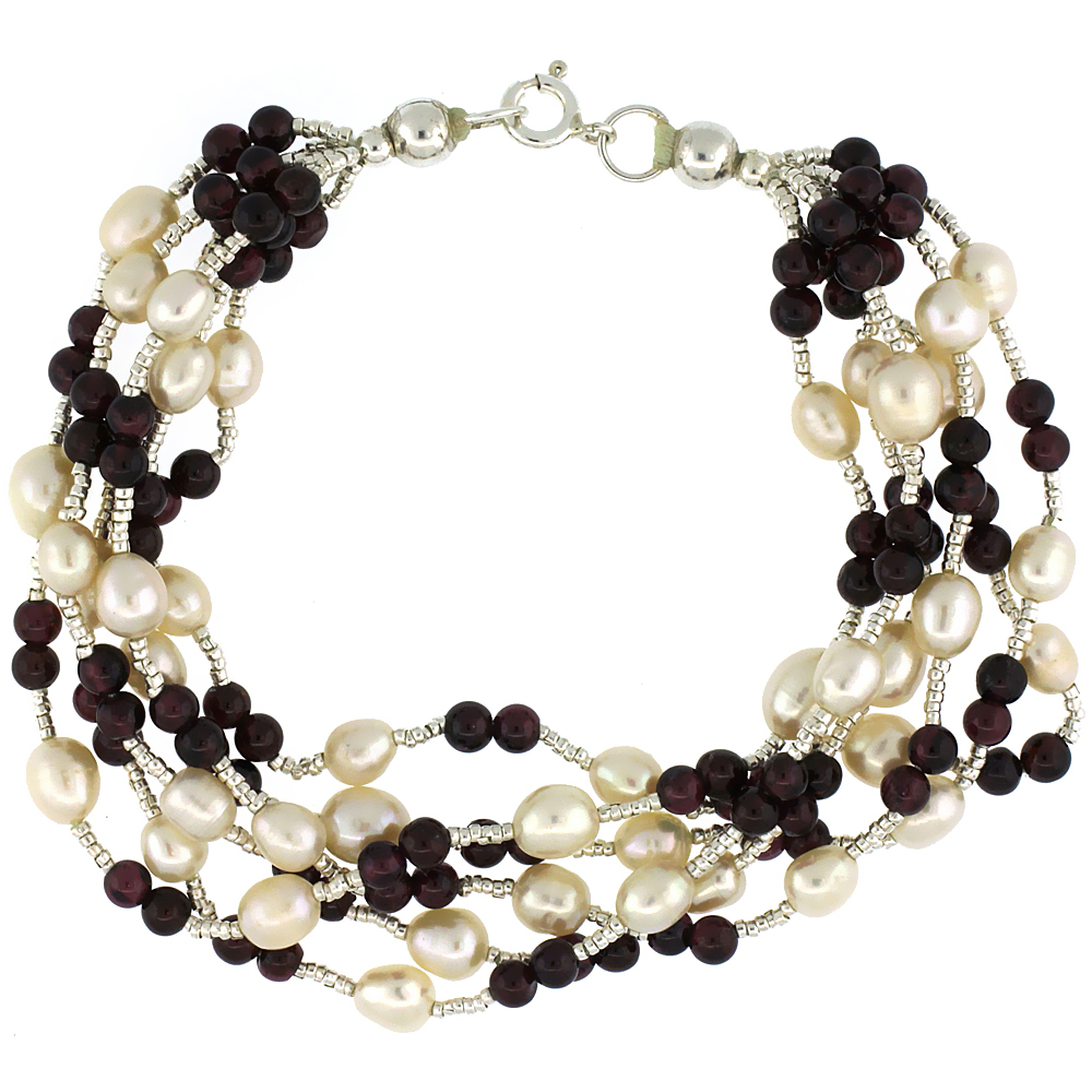Sabrina Silver 7 1/2 in. Sterling Silver 6-Strand Bead Bracelet w/ Freshwater Pearls & Garnet Beads at Sears.com
