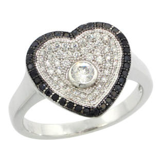 Sabrina Silver Sterling Silver Ladies Micro Pave Heart Ring Centered w/ Single White Stone & Outlined w/ Black Stones, Sizes ... Sabrina Silver Sterling Silver Ladies Micro Pave Heart Ring Centered w/ Single White Stone & Outlined w/ Black Stones, Sizes ...