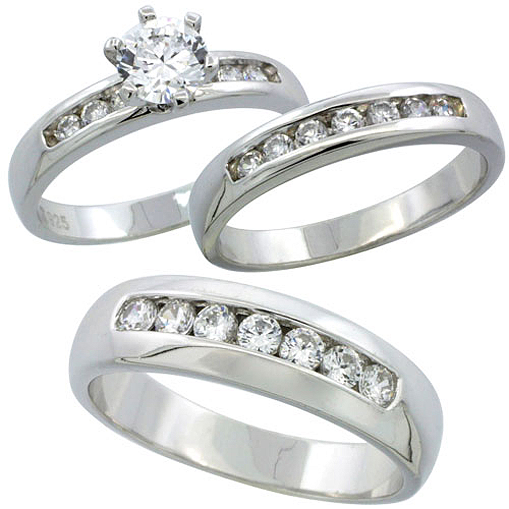 Silver Cubic Zirconia Trio Engagement Wedding Ring Set for Him and Her ...