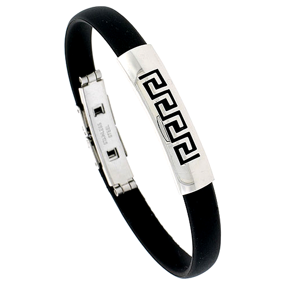 Sabrina Silver Stainless Steel & Rubber Greek Key Bangle Bracelet (Available in 8" & 8.5"), 3/8 in. (9 mm) wide at Sears.com