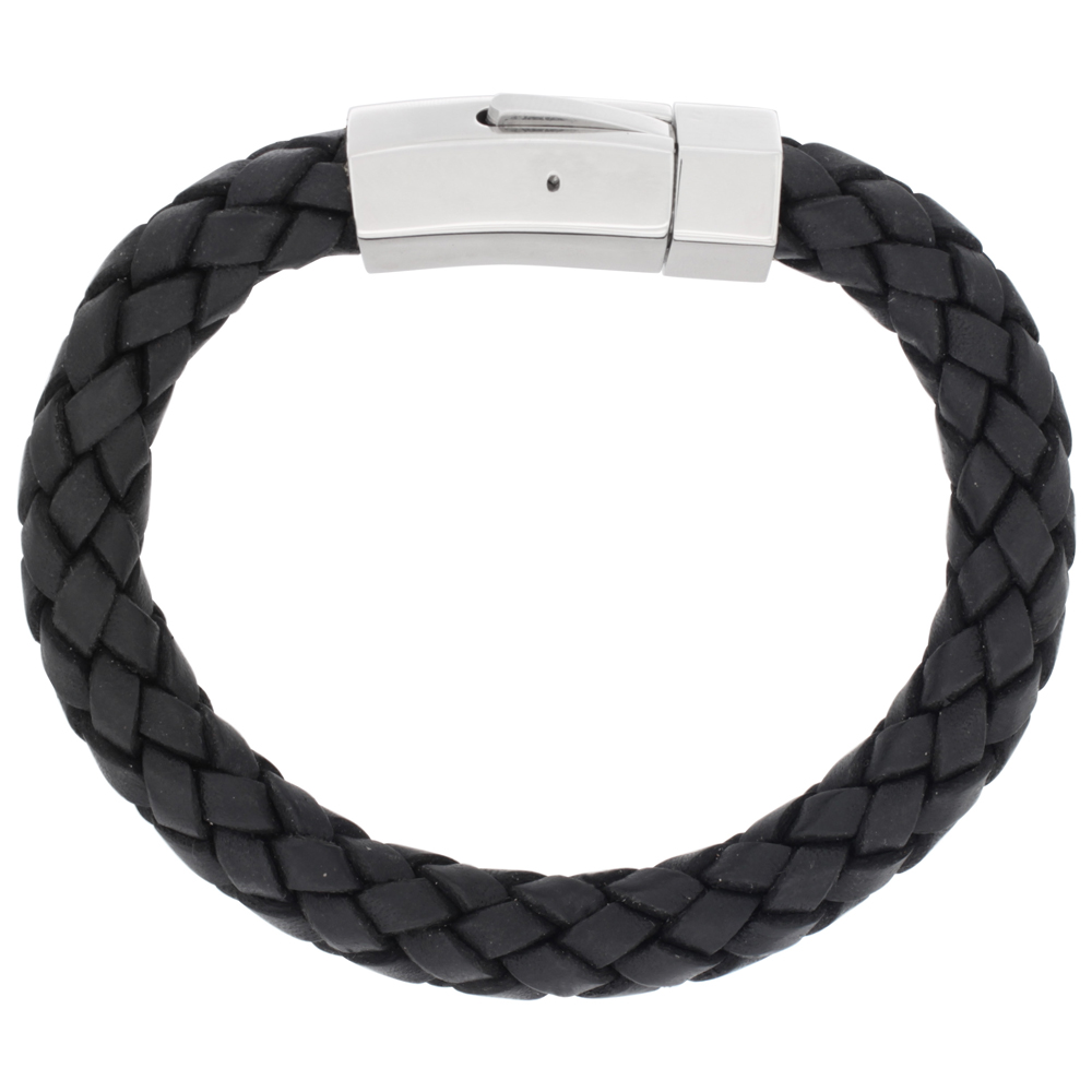 Sabrina Silver Stainless Steel & Braided Black Leather Bracelet, 3/8 in. (9 mm) wide at Sears.com