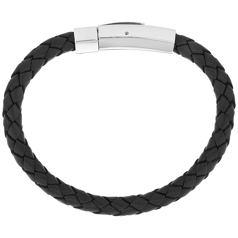 Sabrina Silver Stainless Steel, Braided Black Leather Bracelet, 5/16 in. (8 mm) wide at Sears.com