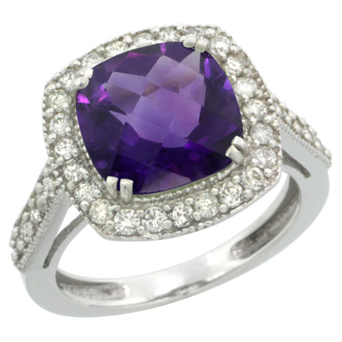 Sabrina Silver 14k White Gold Diamond Halo Amethyst Ring Checkerboard Cushion 9 mm 2.4 ct 1/2 inch wide, size 8 at Sears.com