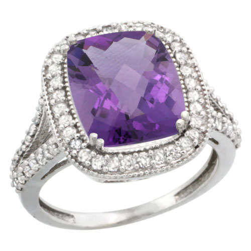 Sabrina Silver 14k White Gold Diamond Halo Amethyst Ring Checkerboard Cushion 12x10 4.8 ct 3/4 inch wide, size 7 at Sears.com