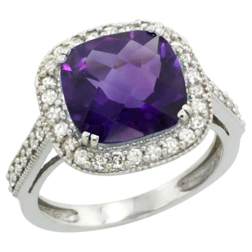 Sabrina Silver 14k White Gold Diamond Halo Amethyst Ring Cushion Shape 10 mm 4.5 ct 1/2 inch wide, size 5.5 at Sears.com