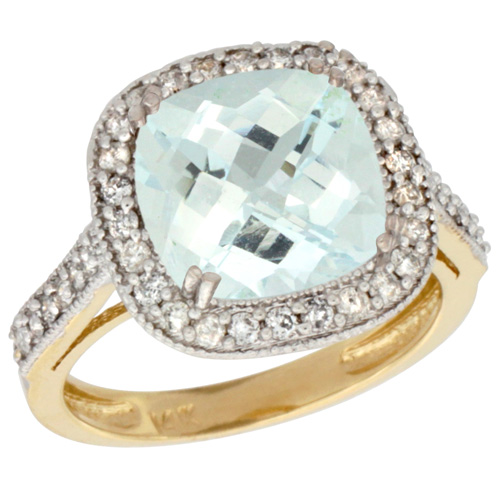 Sabrina Silver 14k Yellow Gold Diamond Halo Aquamarine Ring Checkerboard Cushion 9 mm 2.4 ct 1/2 inch wide, size 10 at Sears.com