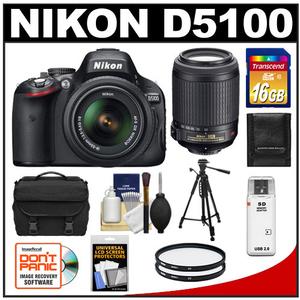 Nikon D5100 Camera + 18-55 G VR DX AF-S Lens - Factory Refurbished + 55-200 VR Lens + 16GB Card + Tripod + Case + 2 Filters + Acc Kit at mygofer.com