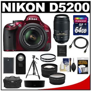 Nikon D5200 Camera + 18-55 G VR DX AF-S Lens (Red) + 55-300 VR Lens + 64GB Card + Battery + Case + Tripod + Tele/Wide-Angle Lens Kit at Sears.com