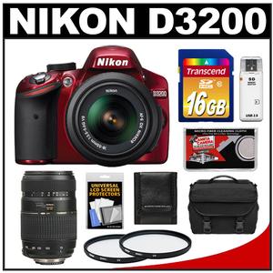 Nikon D3200 Camera + 18-55 VR DX AF-S Lens (Red) - Factory Refurbished + Tamron 70-300 Lens + 16GB + Case + 2 UV Filters + Acc Kit at Sears.com