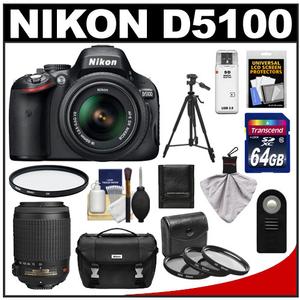 Nikon D5100 Digital SLR Camera + 18-55mm + 55-200mm VR DX AF-S Zoom Lens Case + DVD + 64GB Card + Filters + Tripod + Accessory Kit at Sears.com