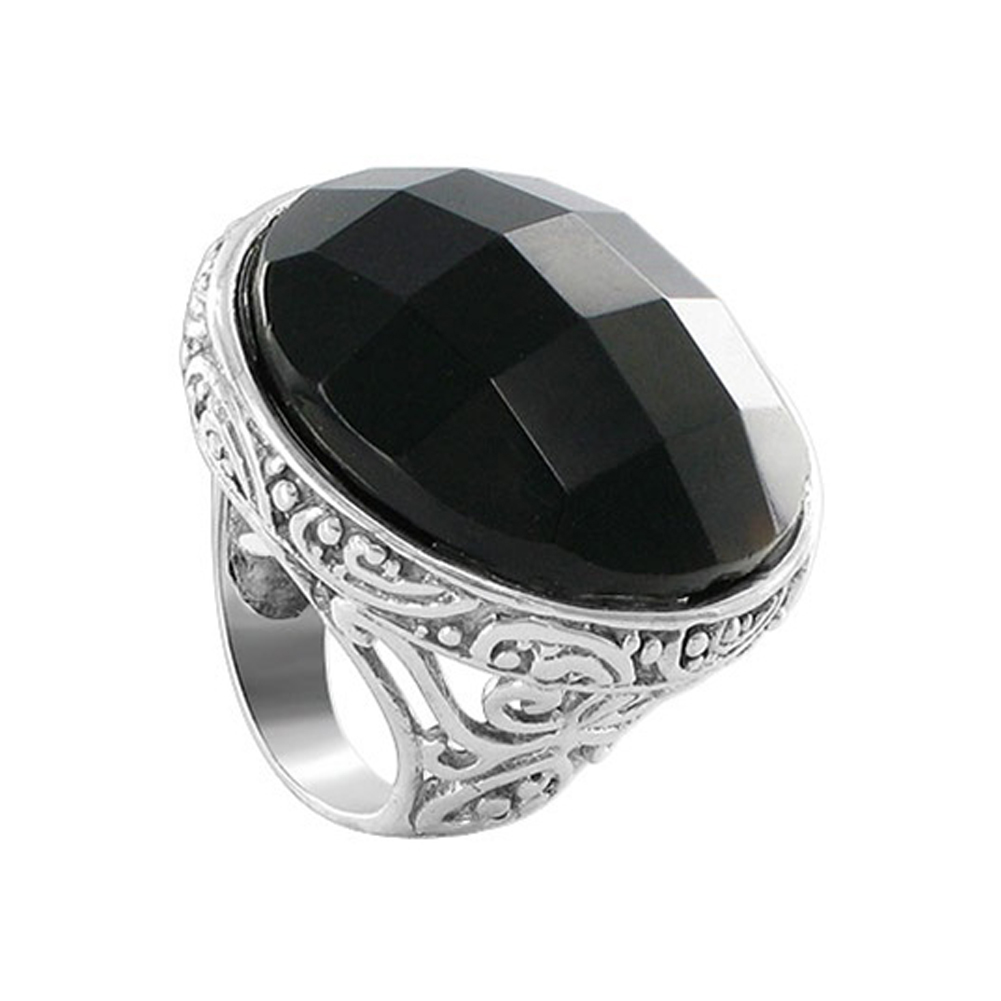 Gem Avenue AFRS010 Sterling Silver 28mm Round Multifaceted Black Onyx Gemstone Ring 6 to 9 at Sears.com
