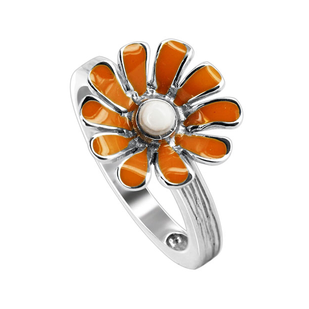 Gem Avenue Sterling Silver 14mm Daisy Flower with Orange and White Enamel 3mm Texture finish Band Ring at Sears.com