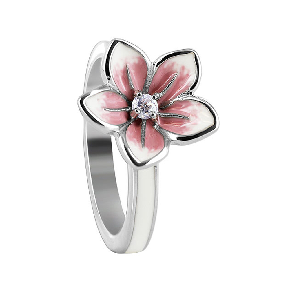 Gem Avenue Sterling Silver White and Pink Enamel 13mm Flower with Clear Cubic Zirconia 3mm Band Ring at Sears.com
