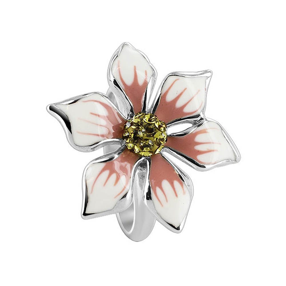 Gem Avenue Sterling Silver White and Pink Enamel 24mm Flower with Cubic Zirconia 2mm Band Ring at Sears.com