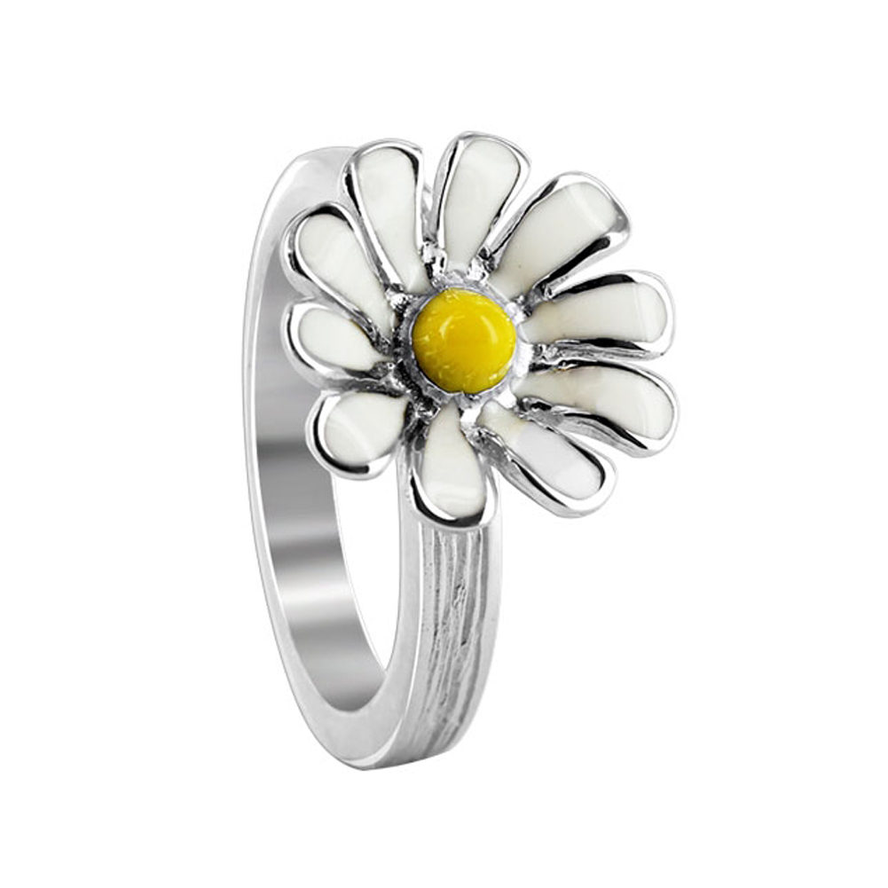 Gem Avenue Sterling Silver 14mm Daisy Flower with White and Yellow Enamel 3mm Texture finish Band Ring at Sears.com