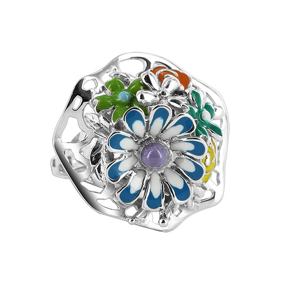 Gem Avenue Sterling Silver Multi Enamel 23mm Flower Bouquet with 3mm Band Ring at Sears.com