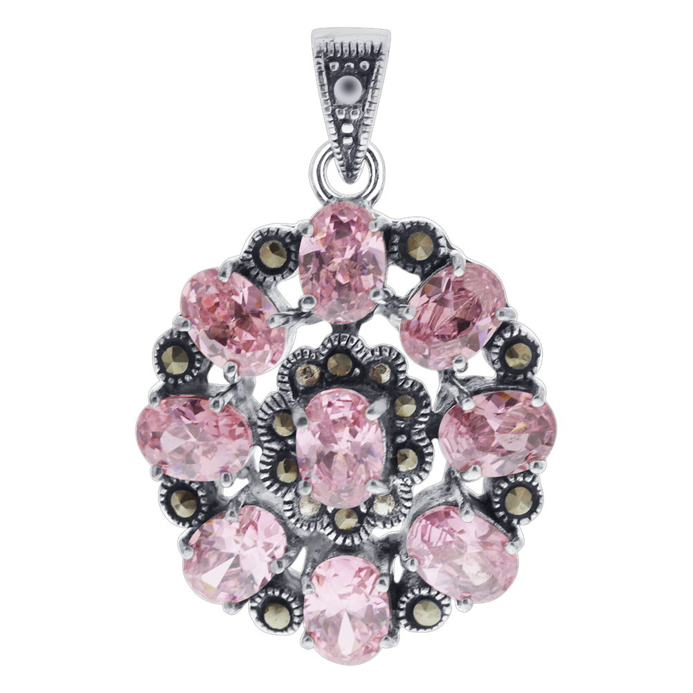 Gem Avenue tdpmz5100p Nickel Free Sterling Silver Oval Pink CZ Marcasite Flower Pendant at Sears.com