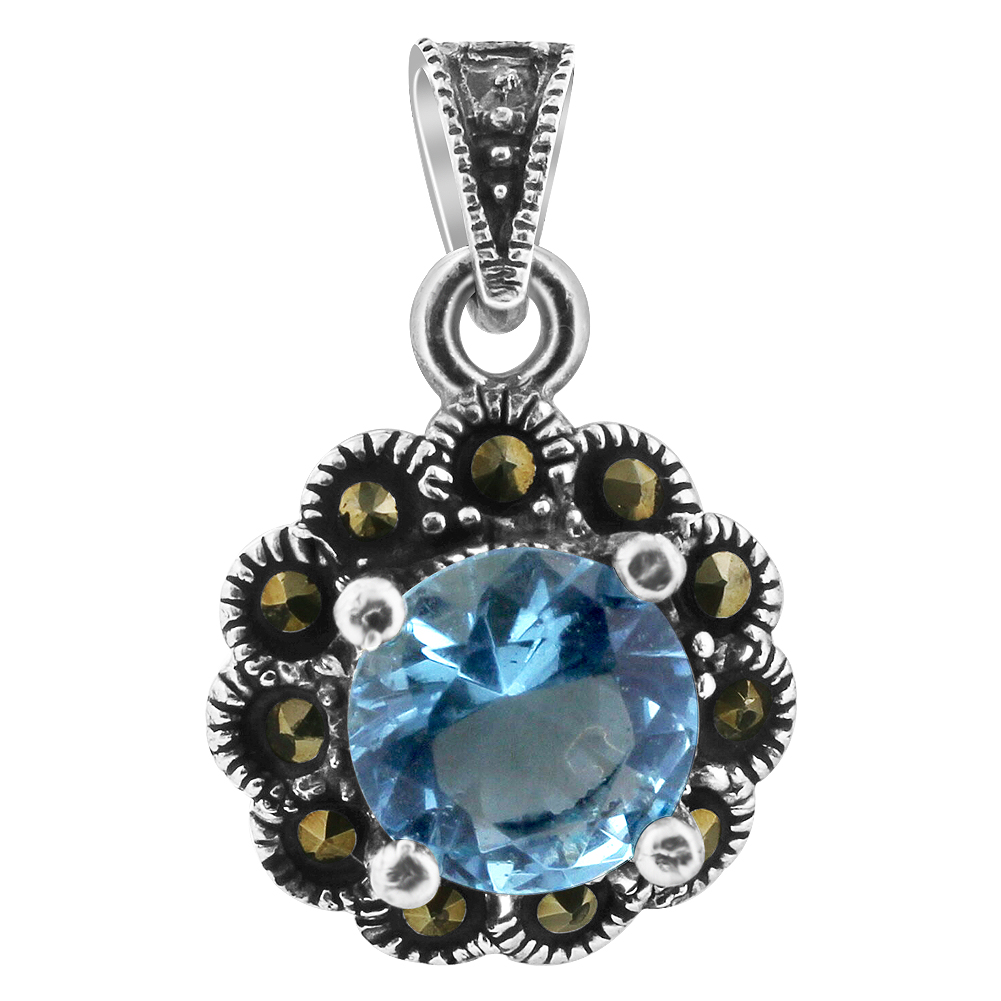 Gem Avenue TDPS002-AQ Sterling Silver Aquamarine CZ with Marcasite Floral Flower Pendant at Sears.com