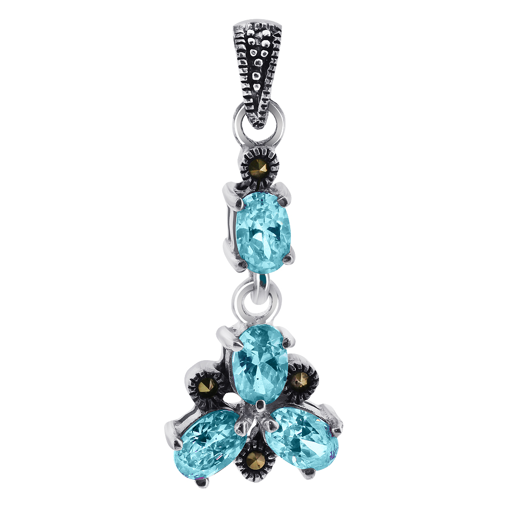 Gem Avenue TDPS004-AQ Sterling Silver Aqua CZ with Marcasite Accents Flower Drop Pendant at Sears.com