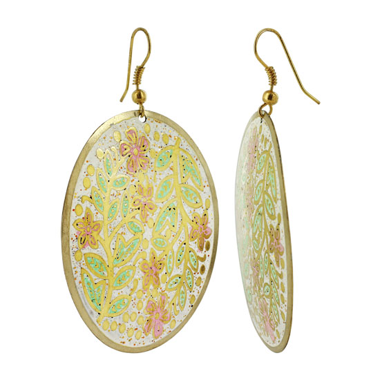 Oval with Multi Enamel Floral Design and Glitter French ear wire Dangle Earrings