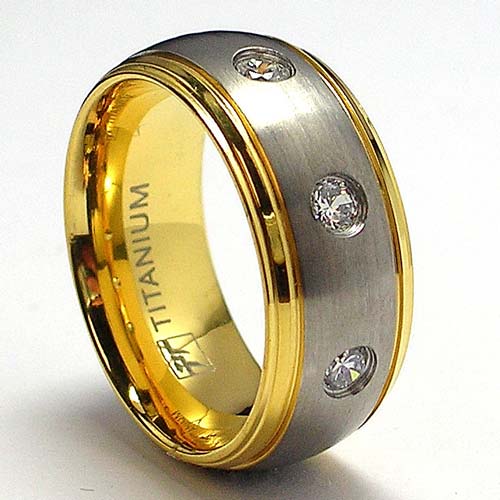ultimatemetalsco.com 14K Gold Plated Titanium ring Wedding Band with 3 Cubic Zirconia at Sears.com
