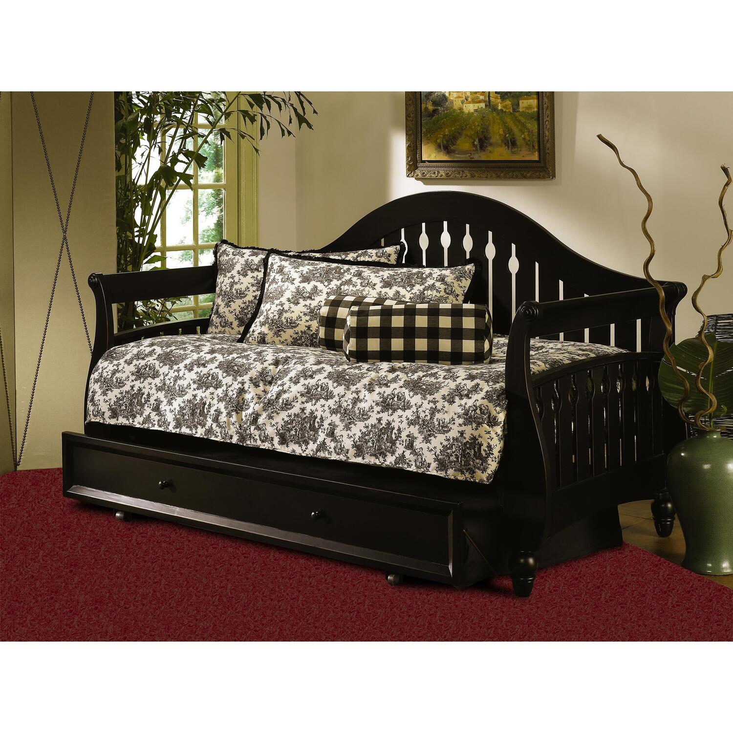 Fashion Bed Fraser Distresed Black Daybed w Link Spring, Front Panel Roll Out Distresed Black