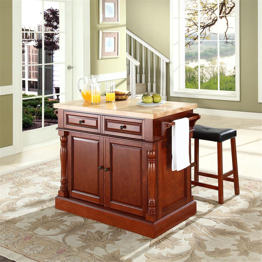 Crosley Butcher Block Top Kitchen Island with 24" Upholstered Saddle Stools Cherry