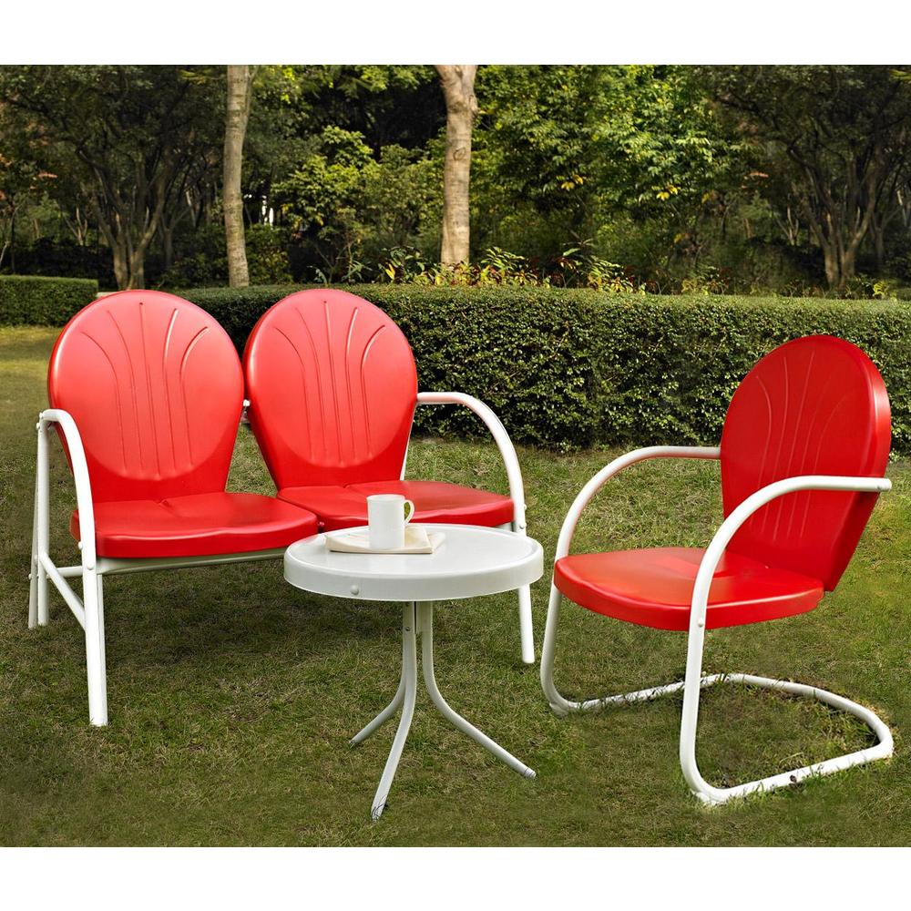 Crosley Griffith 3 Piece Metal Outdoor Conversation Seating Set Loveseat Chair in White Finish with Side Table in White Finish Red