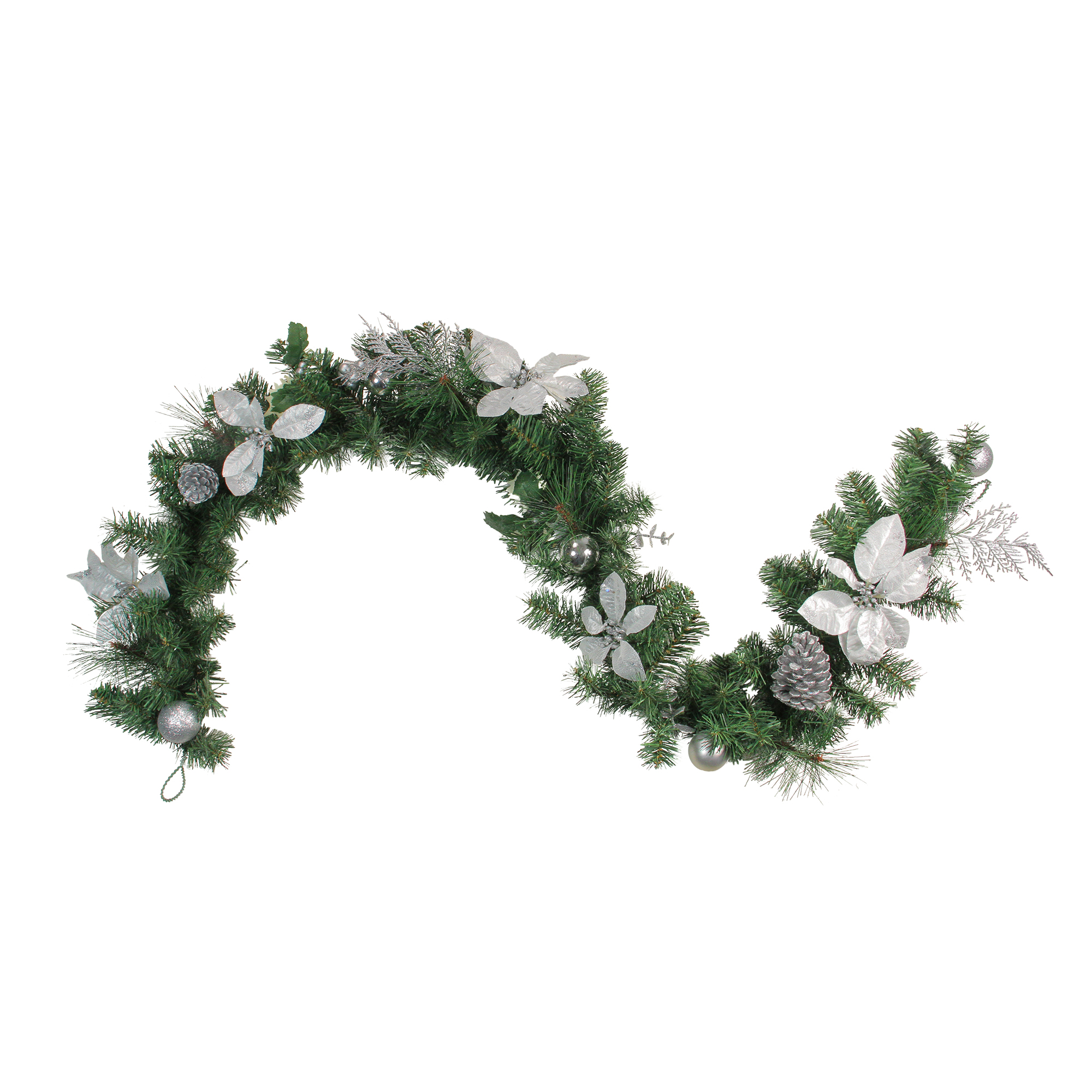 NorthLight 6' Pre-Decorated Silver Poinsettia, Pine Cone and Ball Artificial Christmas Garland - Unlit NorthLight 6' Pre-Decorated Silver Poinsettia, Pine Cone and Ball Artificial Christmas Garland - Unlit