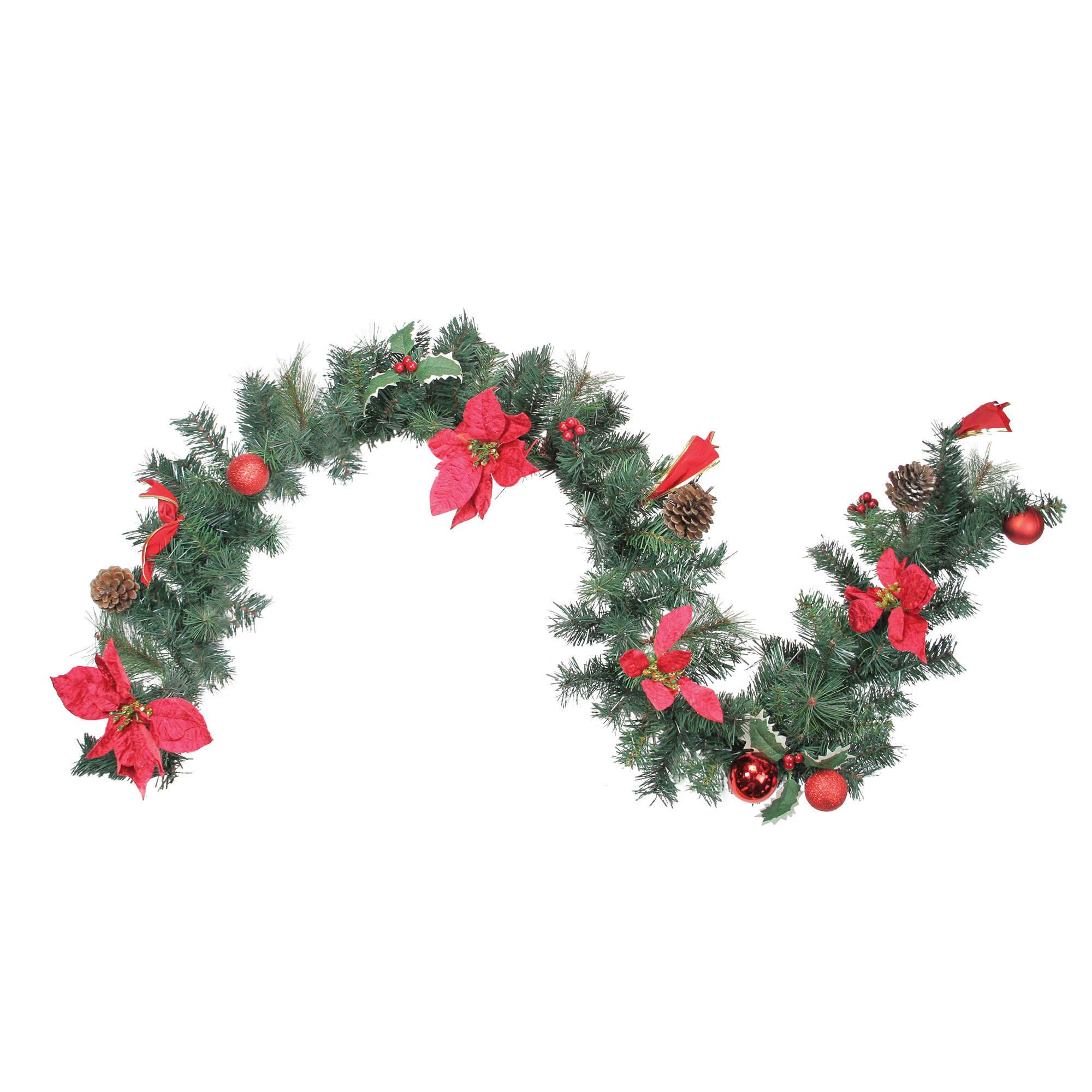 NorthLight 6' Pre-Decorated Red Poinsettia, Pine Cone and Ball Artificial Christmas Garland - Unlit NorthLight 6' Pre-Decorated Red Poinsettia, Pine Cone and Ball Artificial Christmas Garland - Unlit