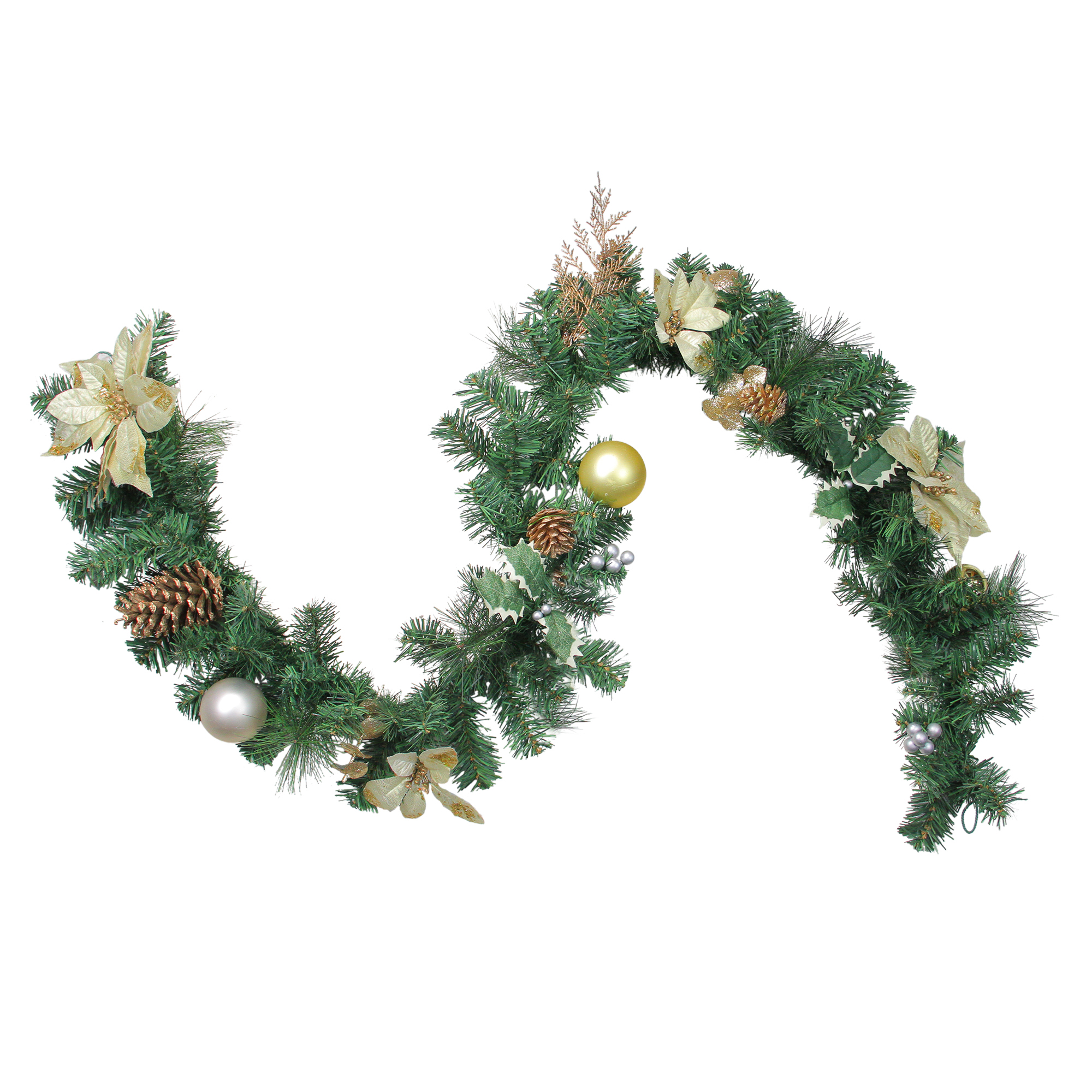 NorthLight 6' Pre-Decorated Gold Poinsettia, Pine Cone and Ball Artificial Christmas Garland - Unlit NorthLight 6' Pre-Decorated Gold Poinsettia, Pine Cone and Ball Artificial Christmas Garland - Unlit