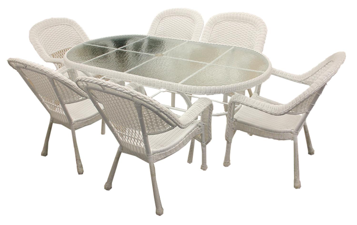 LB International 7-Piece White Resin Wicker Patio Dining Set - 6 Chairs