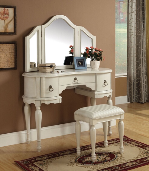 Acme Trini 3 pc off white finish wood make up dressing table vanity set with stool and tri-fold mirror at Sears.com