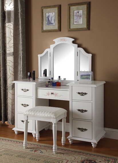 Acme Torian 3 pc white finish wood make up dressing table vanity set with stool and tri-fold mirror at Sears.com