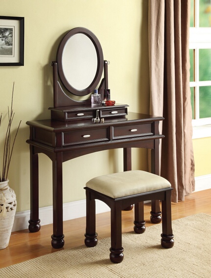 Acme Amherst 3 pc espresso finish wood make up dressing table vanity set with stool and oval mirror at Sears.com