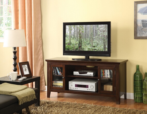 Acme Banee espresso finish wood TV stand entertainment center with side glass front cabinet doors at Sears.com