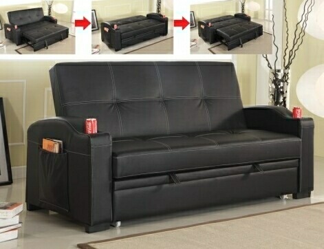 Best Quality Black leather like vinyl upholstered folding futon sofa bed with built in cup holders in the arms at Sears.com