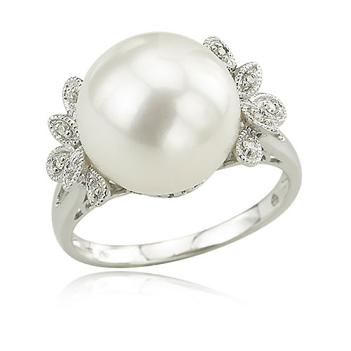 Jewelry Adviser 14K White Gold Fancy Diamond Shapes & Freshwater Pearl Ring
