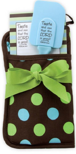 Brown Aqua Lime Green Gift Set Potholder Note Pad Scraper Scripture