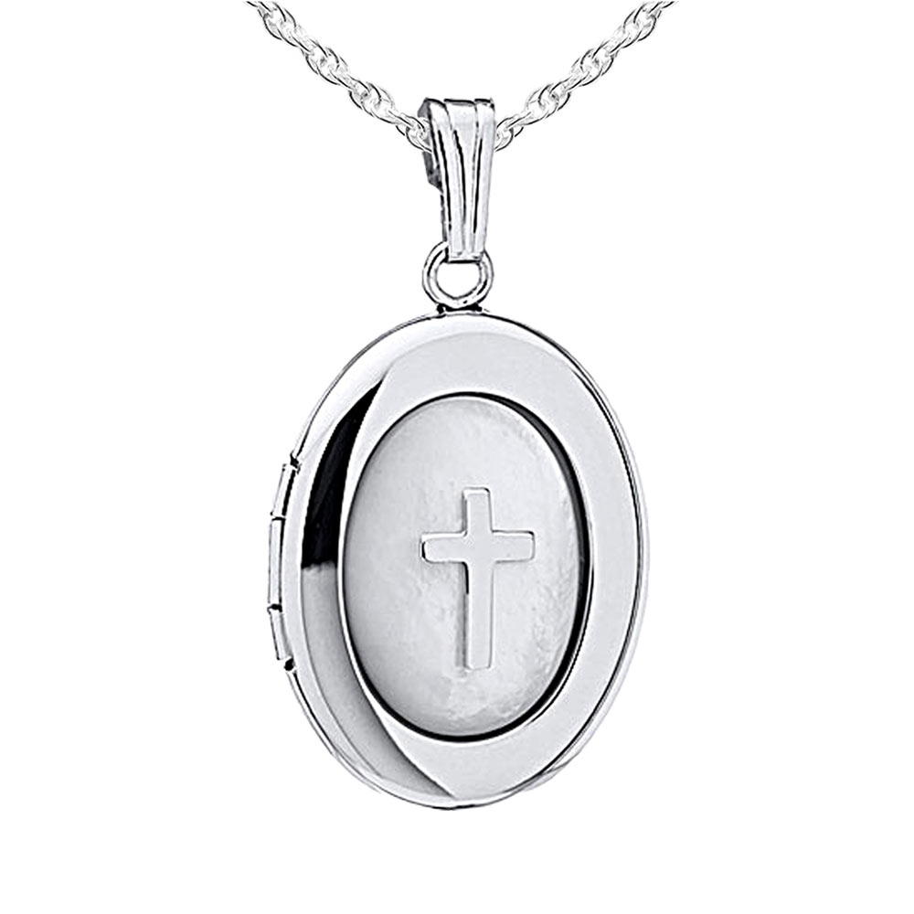 PicturesOnGold.com Sterling Silver Oval Mother Of Pearl Cross Locket, Sterling Silver, 3/4 in, size of nickel at Sears.com