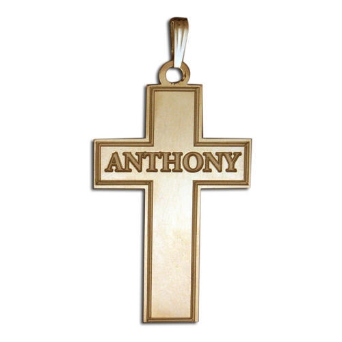 Personalized Cross with Block Name Etched, Yellow Gold, about 3/4 in.