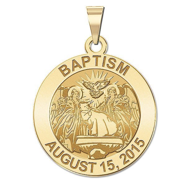 Personalized Baptism Medal, Solid 14k Yellow Gold, 3/4 in, size of nickel
