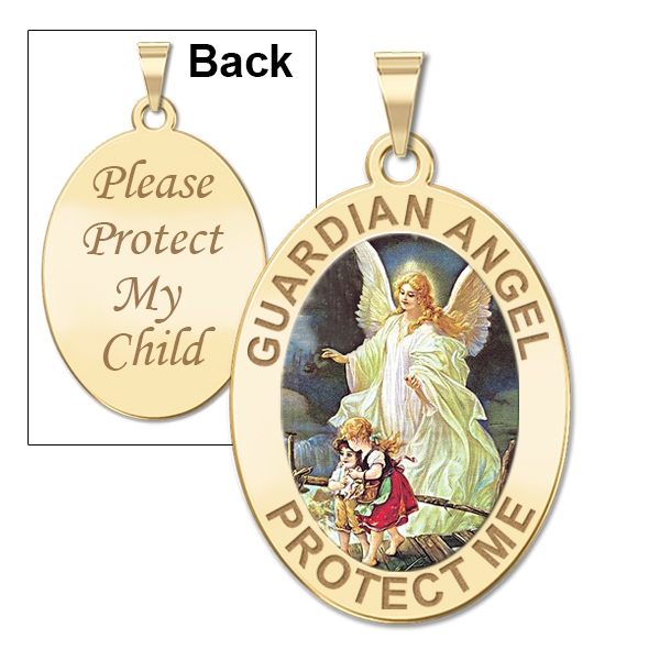 Guardian Angel Protect My Child Double Sided Medal Color, Solid 14k Yellow Gold, 1/4 x 1/2 in