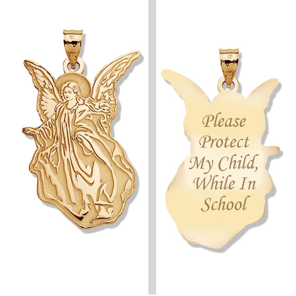 Guardian Angel Protect My Child Double Sided Pendant, Solid 14k Yellow Gold, 1/4 x 1/2 in