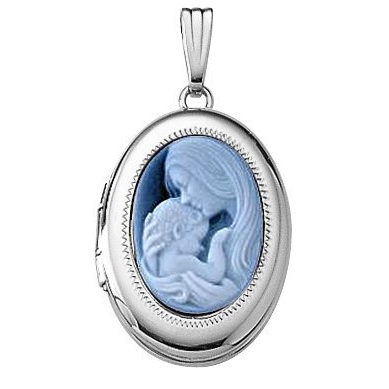 14k White Gold Oval Mother And Child Cameo Locket, Solid 14k White Gold, 5/8 x 3/4 in, height of nickel
