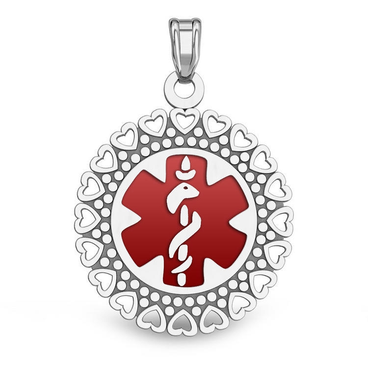 Sterling Silver Round Medical Id Charm Or Pendant W/ Red Enamel, Sterling Silver, 1-1/4 in, size of half dollar