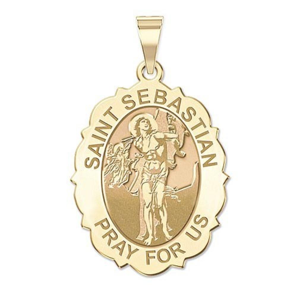 Saint Sebastian - Scallopped Oval Medal, Solid 10K White Gold, 3/4 x 1 in, height of quarter