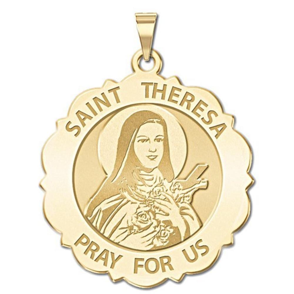 Saint Theresa Scalloped Round Medal, Solid 14k White Gold, 3/4 in, size of nickel