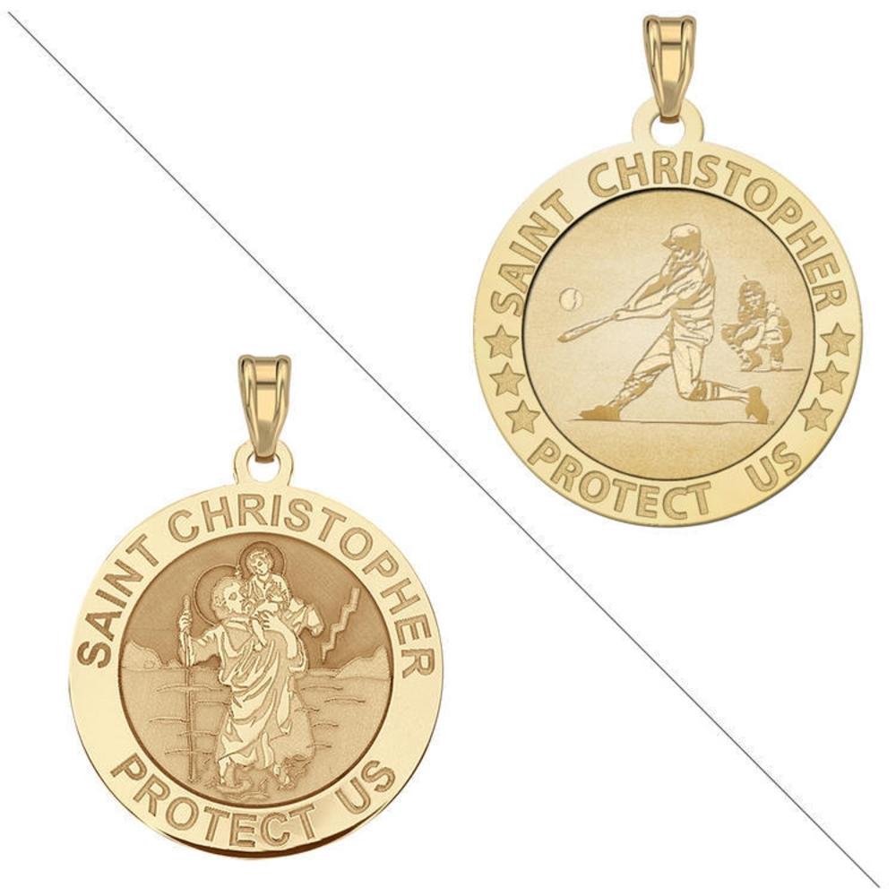 Baseball - Saint Christopher Doubledside Sports Medal, Solid 14k Yellow Gold, 2/3 in, size of dime